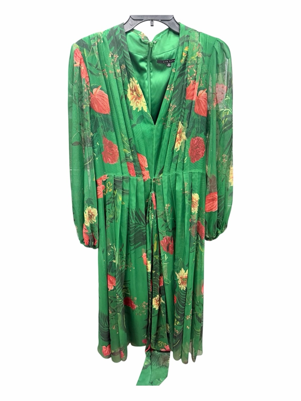 Alex Marie Green Tropical Floral Chiffon Pleated Maxi Dress Size 12